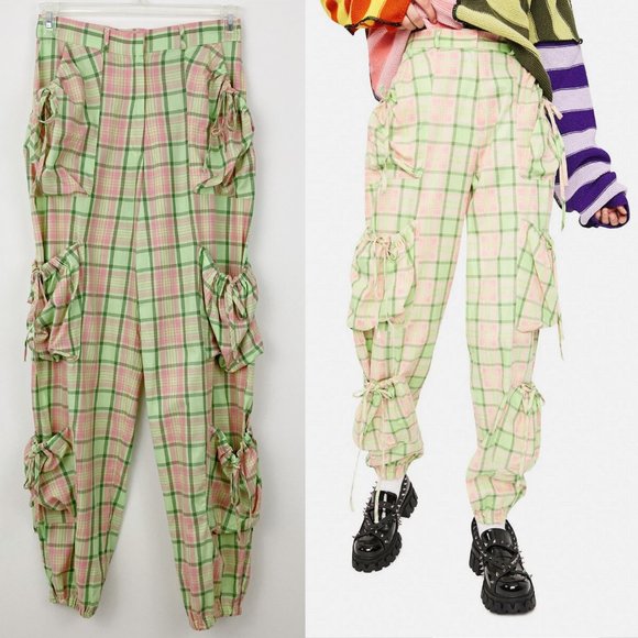 The Ragged Priest Symbol Plaid Cargo Pants Size S Hi-rise Green Pink 100% Cotton - Picture 1 of 9